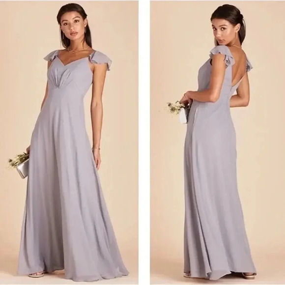 NWT Birdy Grey Kae Bridesmaid Dress Ruffled Flutter Sleeve Chiffon Silver Medium - Picture 1 of 5